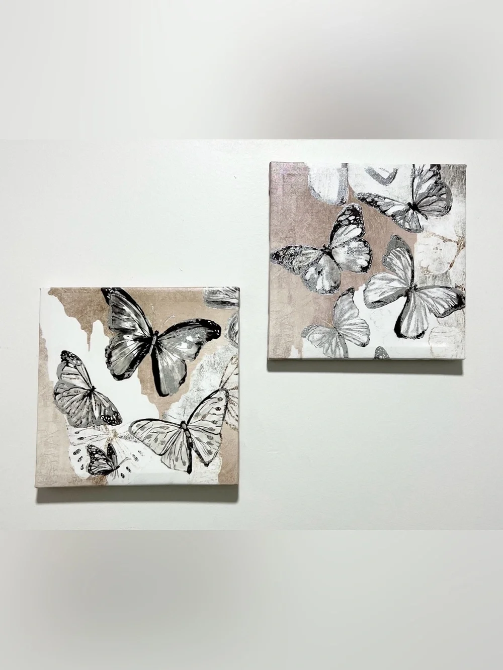 Butterfly Wall Art Set - Beige, Silver and White Canvas Prints